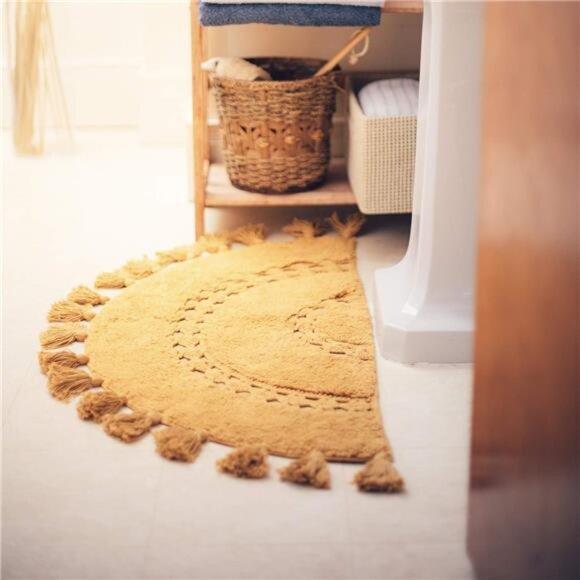 Half Circle Boho Rug with Tassels for Your Bathroom - Beautifully Handcrafted - Picture 1 of 7